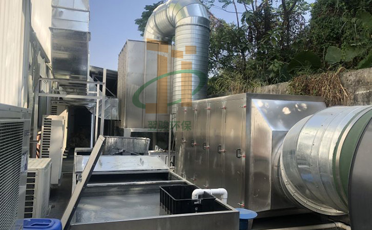 VOCS有機廢氣處理工程升級改造氣旋混合噴淋塔+活性炭環保設備工程案例